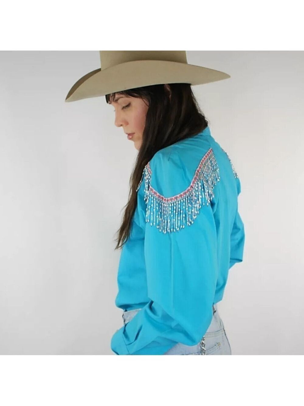 VINTAGE WOMEN'S WRANGLER BEADED FRINGE TURQUOISE WESTERN LONG SLEEVE SHIRT SMALL